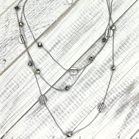 Charming Charlie Necklace Triple Strand Beaded Silver Tone Adjustable Length - Picture 3 of 3
